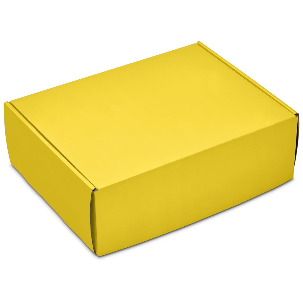Yellow rigid corporate gift box with fitted lid.