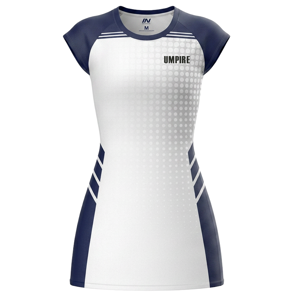 Navy and white capped-sleeve netball coaching dress.