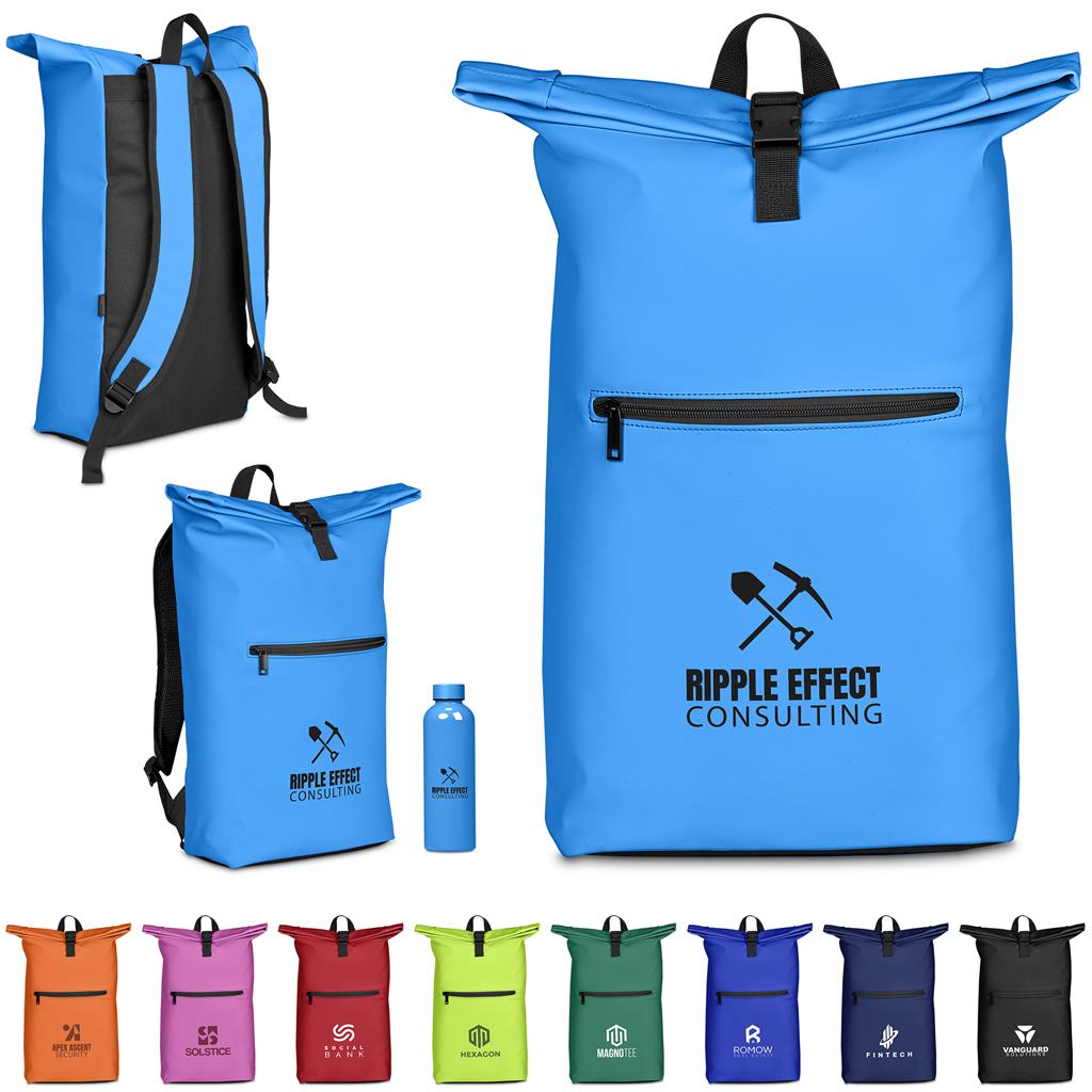 Blue roll-top backpack shown with straps and front pocket.