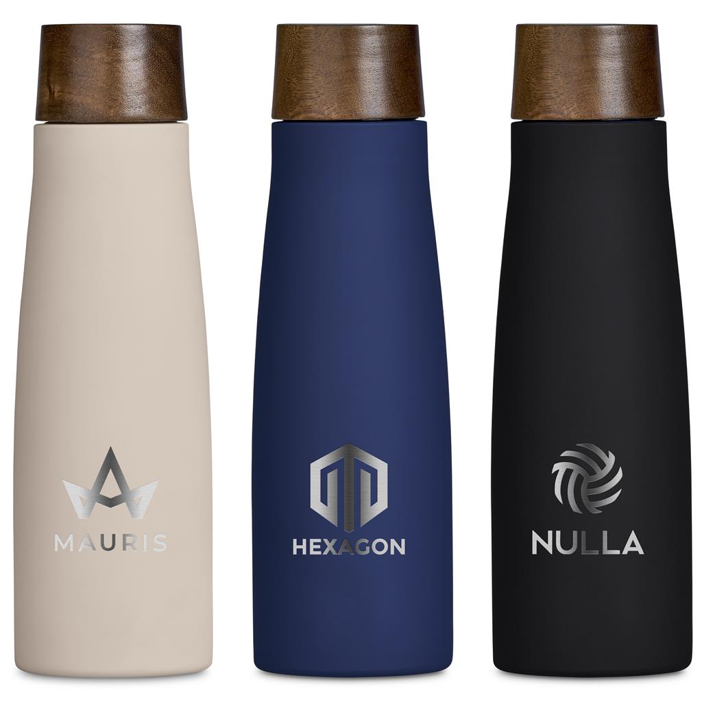 White, navy and black insulated bottles shown together.