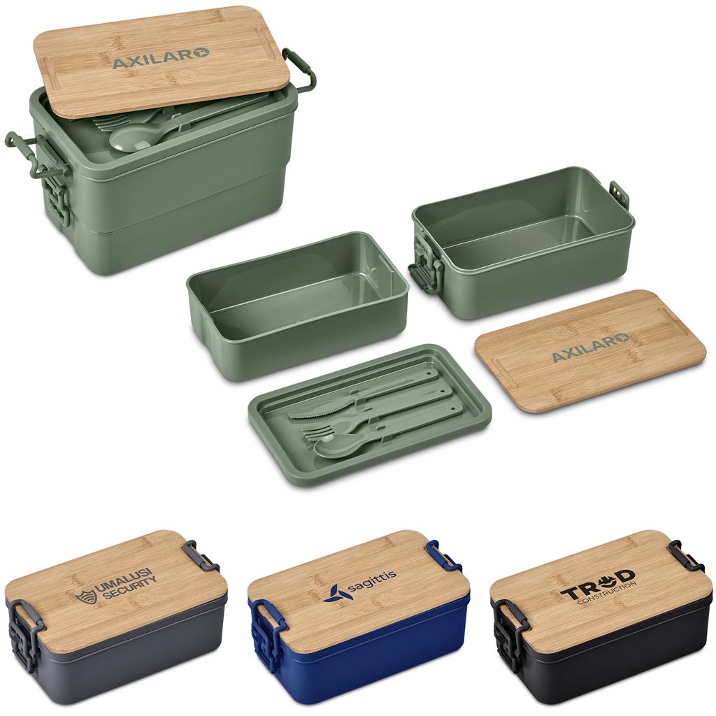 Green modular lunch container set displayed with bamboo lid.