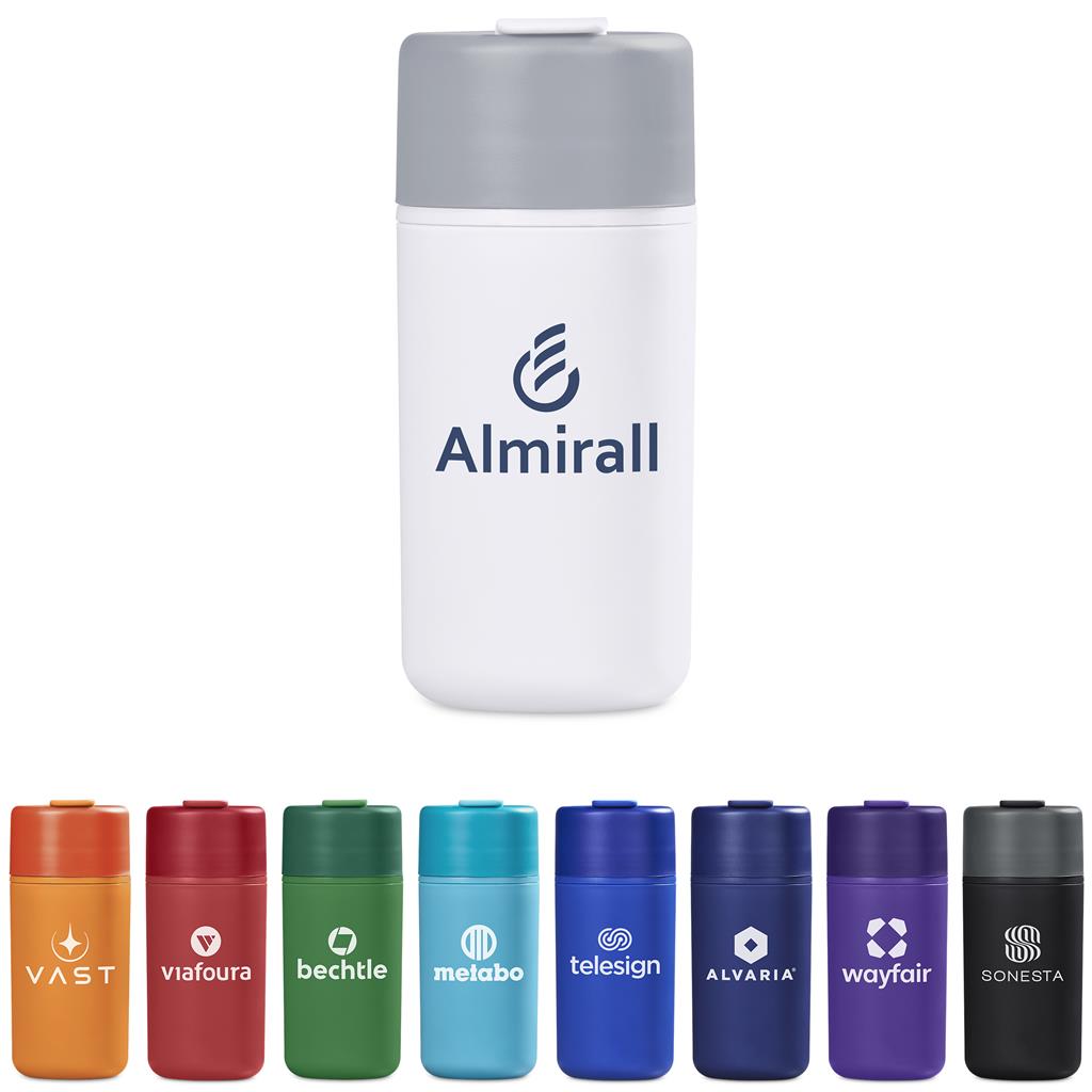 White branded travel bottle displayed with assorted colour options.
