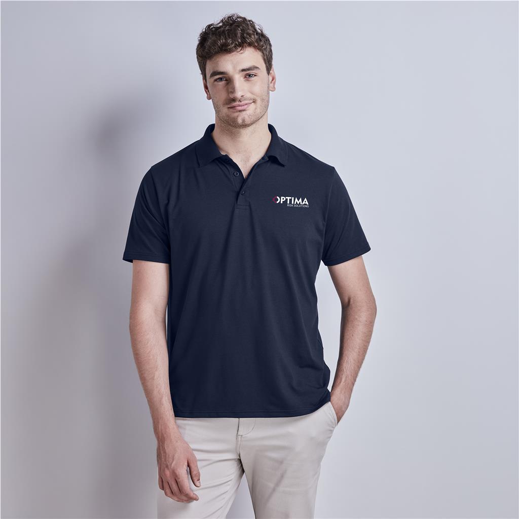 Male model wearing a navy corporate golf shirt.