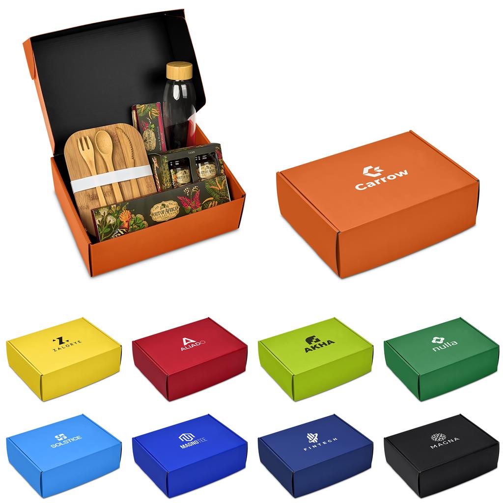 Orange branded gift box displayed with promotional products.