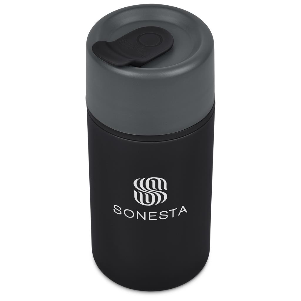 Black insulated travel mug shown at a side angle.