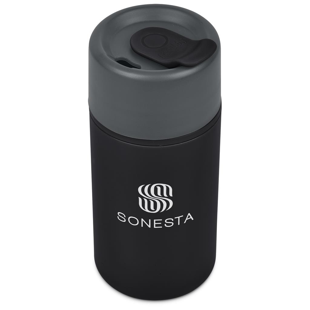 Black insulated travel mug shown at a three-quarter angle.