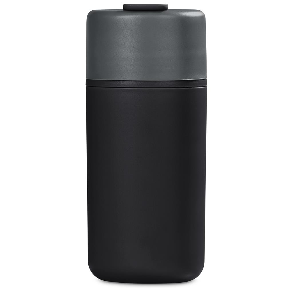 Black insulated travel bottle with screw-top lid.