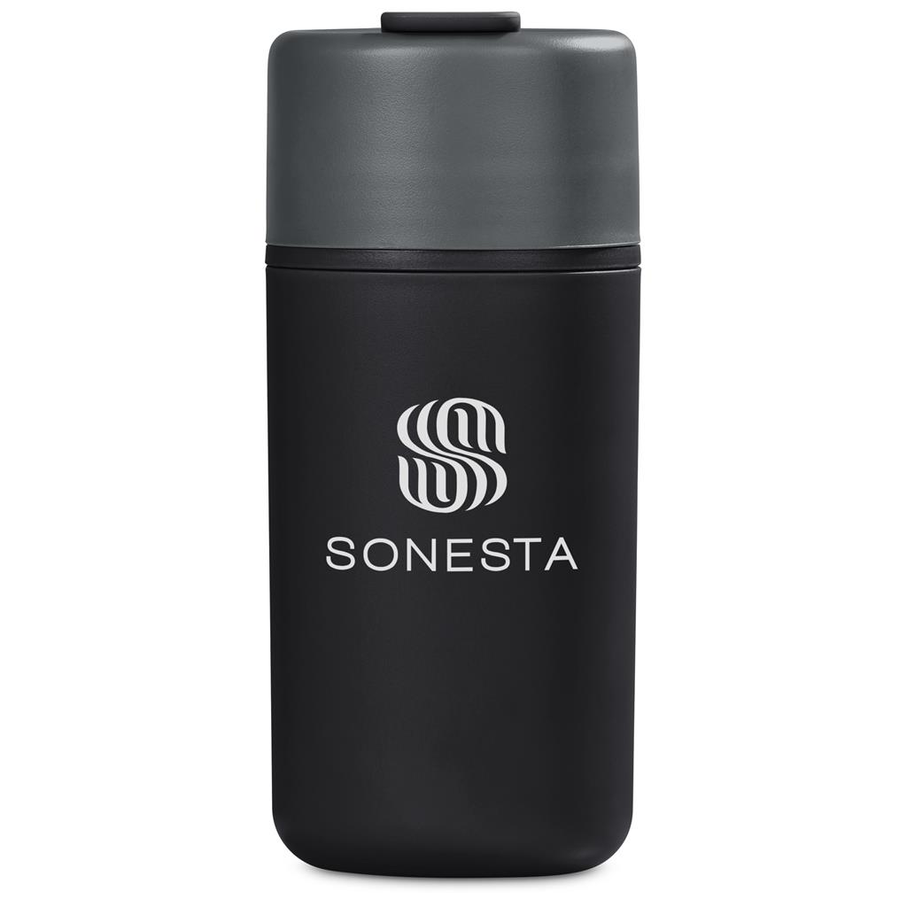 Black branded insulated travel mug with Sonesta logo.