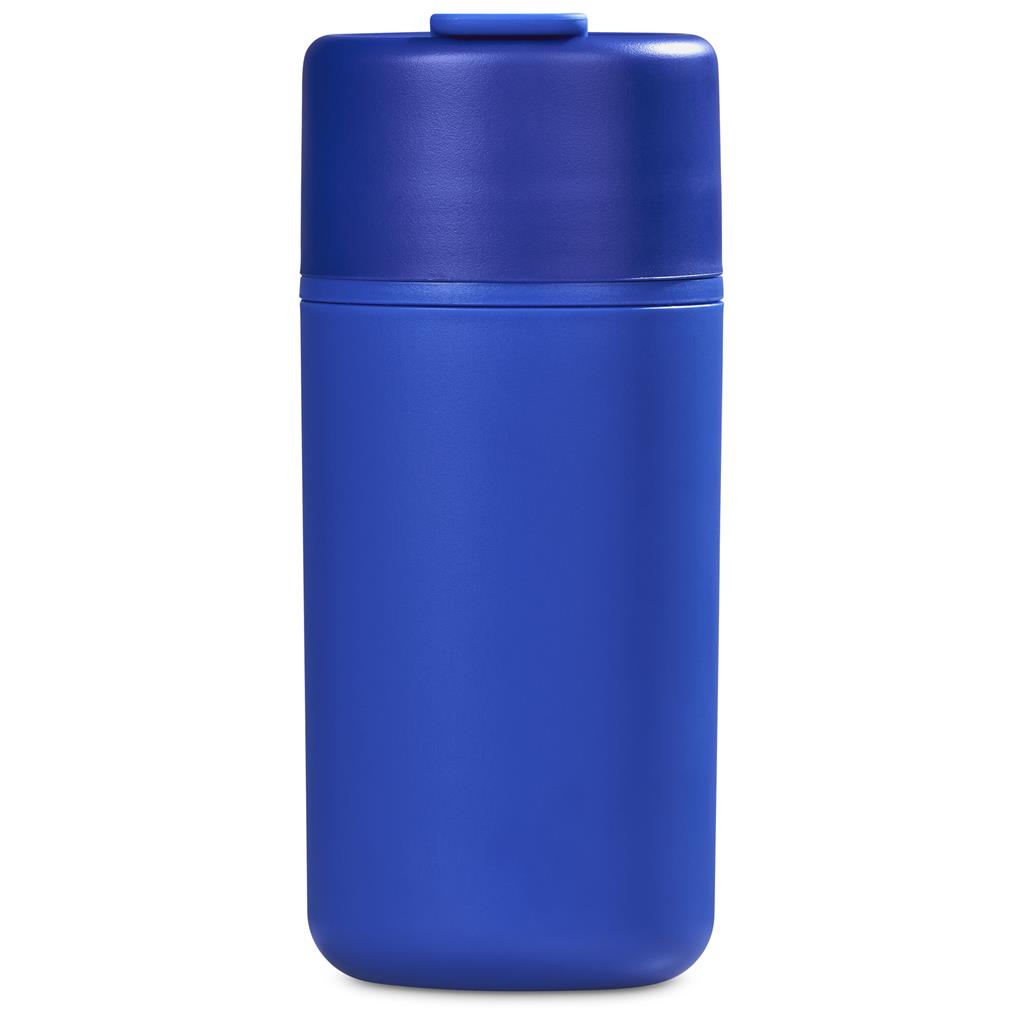 Royal blue insulated travel bottle with screw-top lid.