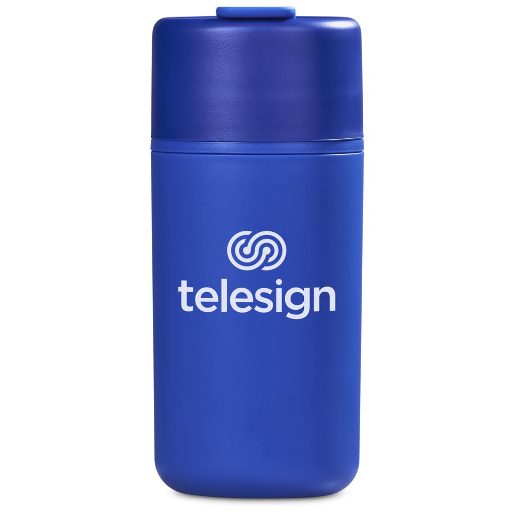 Royal blue branded travel bottle with Telesign logo.