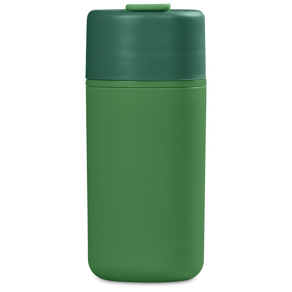 Green insulated travel bottle with matching lid.