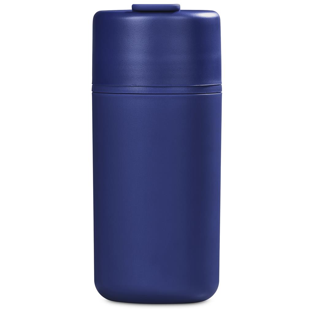 Navy insulated travel bottle with screw-top lid.