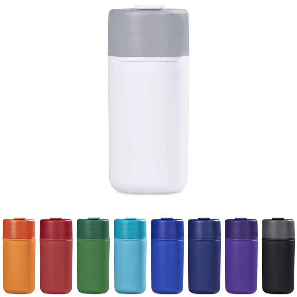 White insulated travel bottle with grey lid.