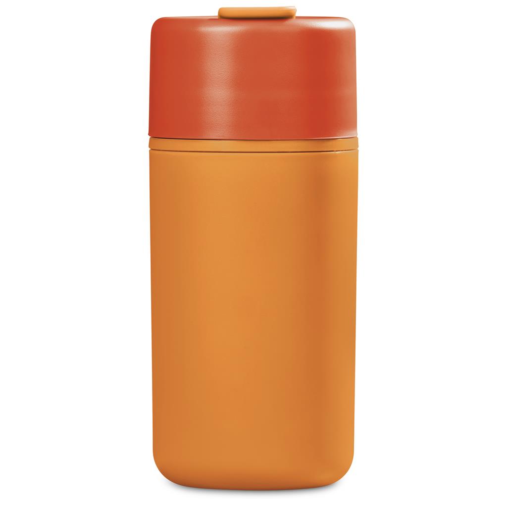 Orange insulated travel bottle with screw-top lid.