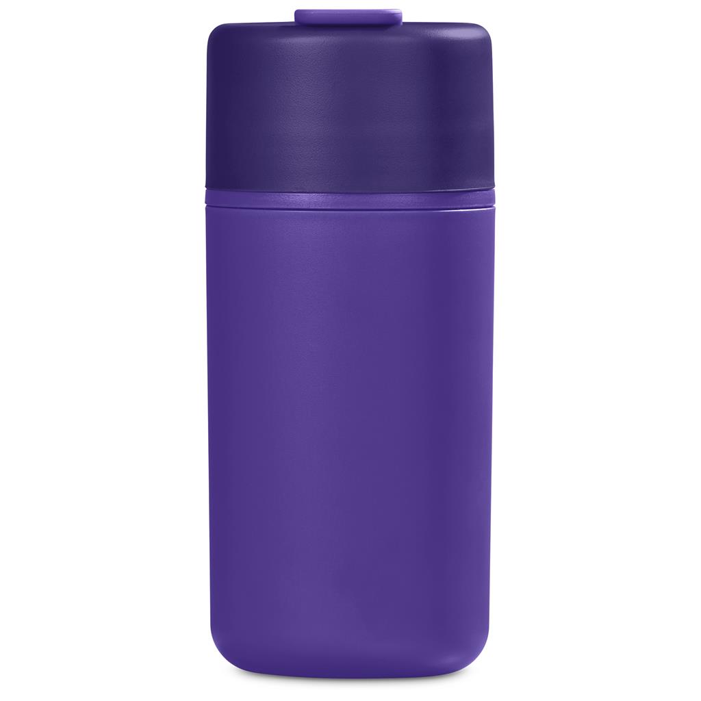 Purple insulated travel bottle with screw-top lid.