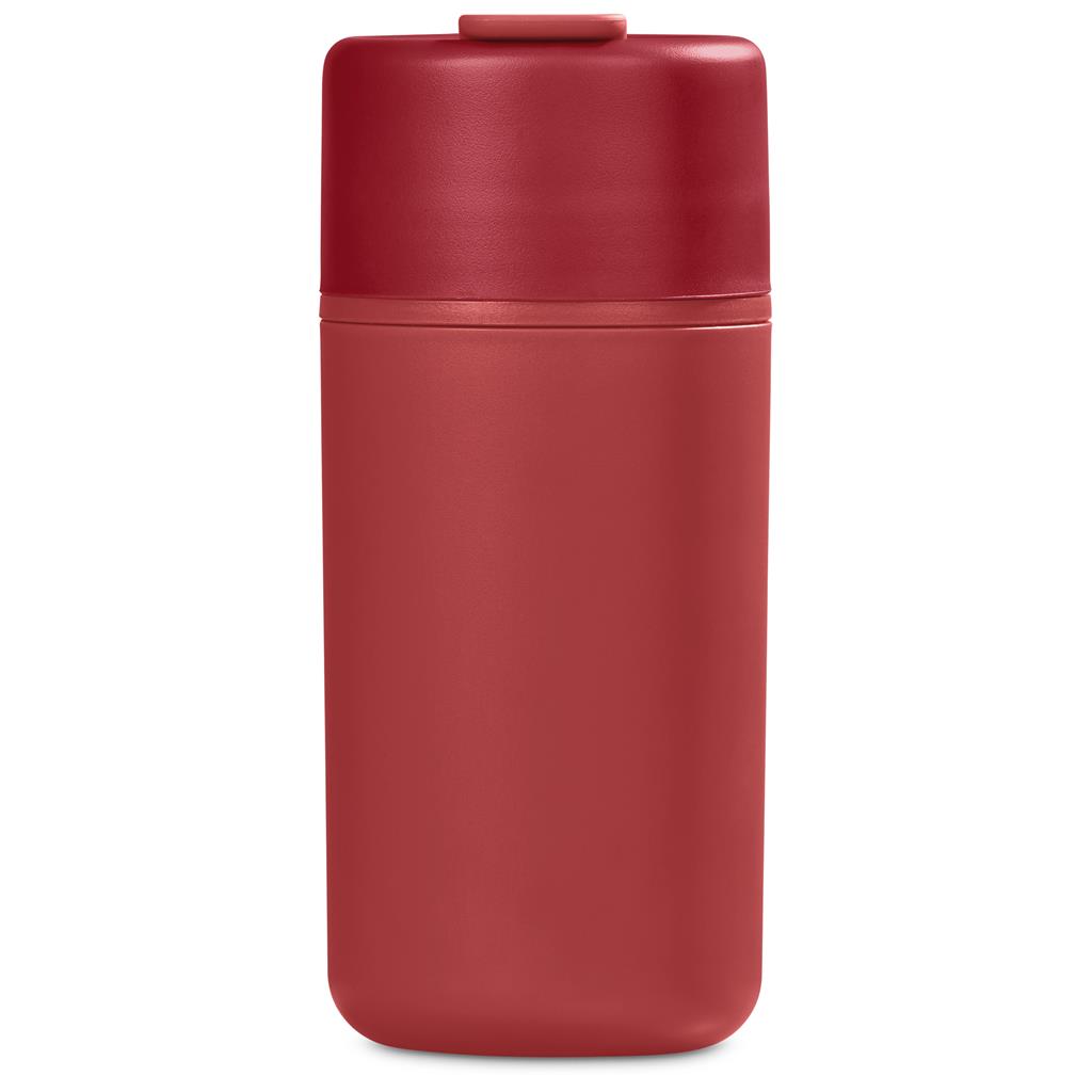 Red insulated travel bottle with screw-top lid.