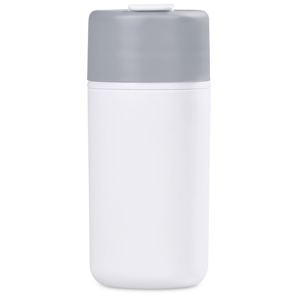White and grey insulated travel bottle with screw-top lid.