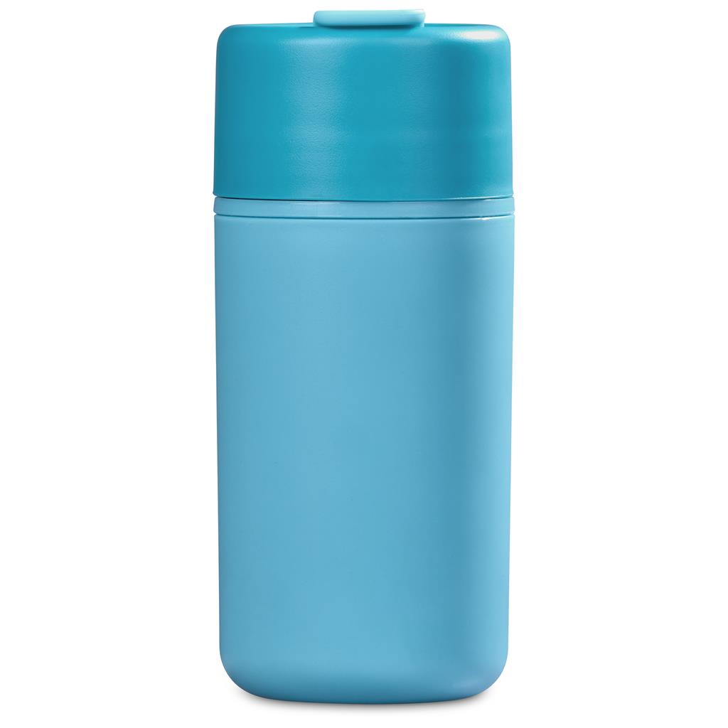 Turquoise insulated travel bottle with screw-top lid.