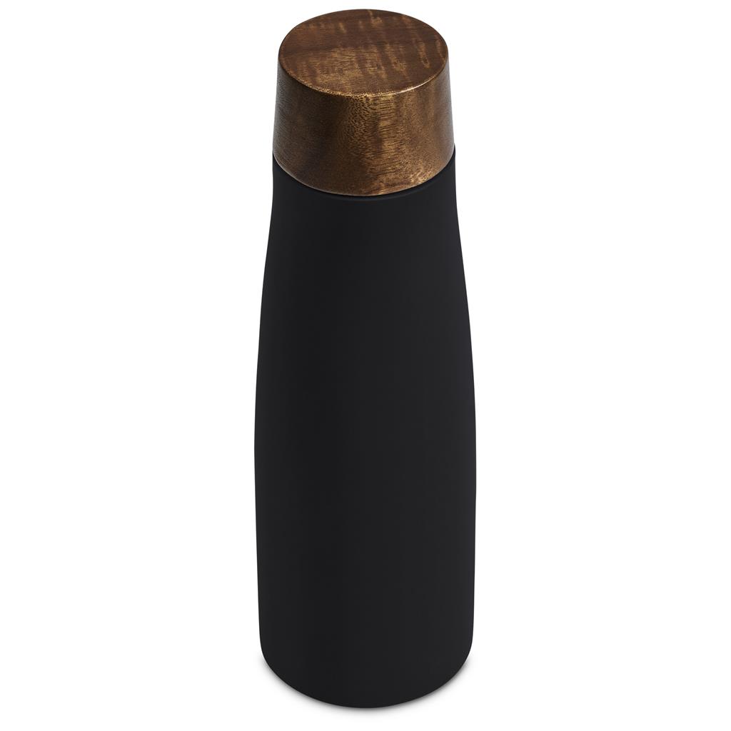 Black insulated bottle shown at a three-quarter angle.