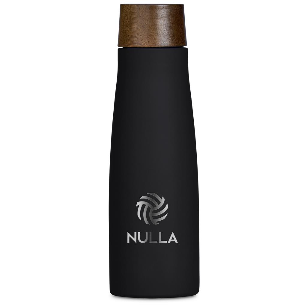 Black insulated bottle with wooden lid.