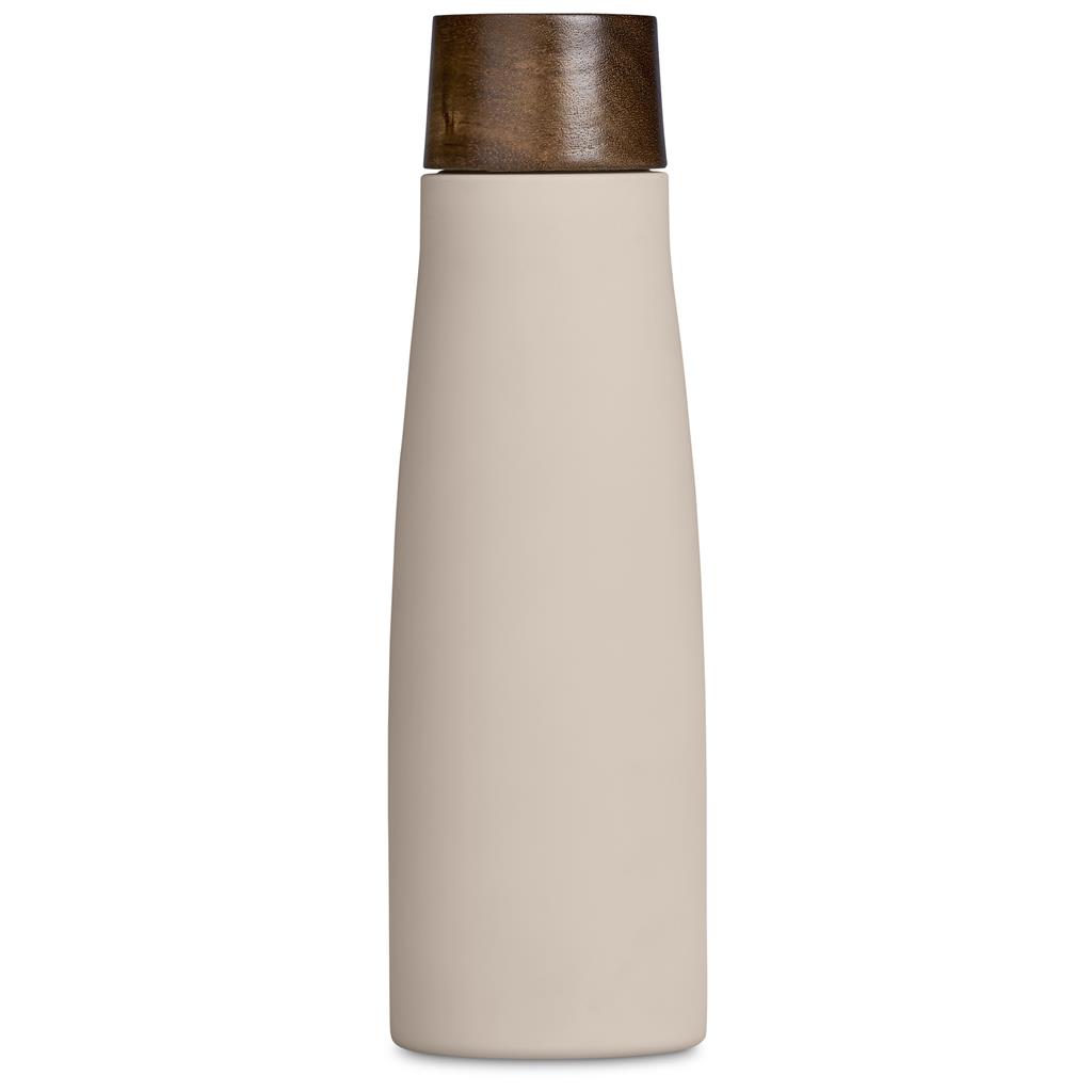 Cream insulated bottle with wooden lid.