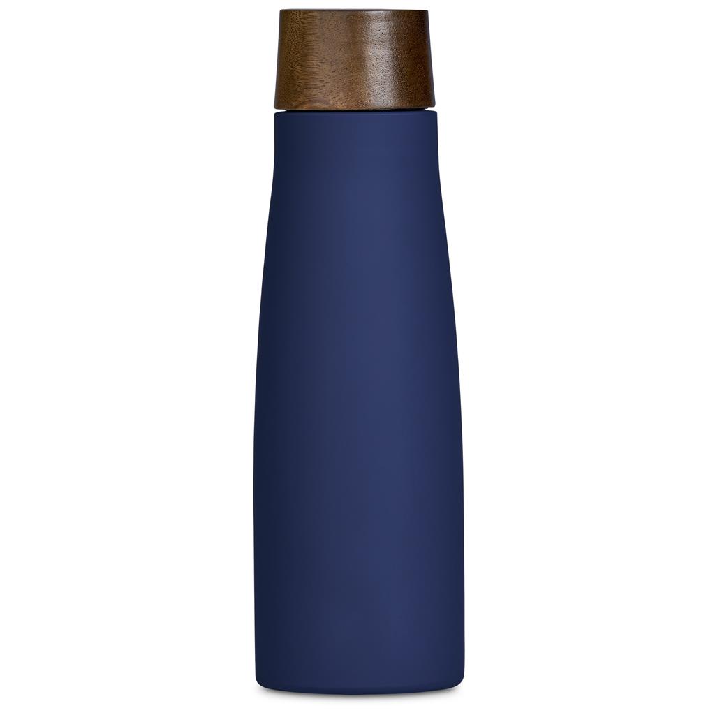 Navy insulated bottle with wooden lid.