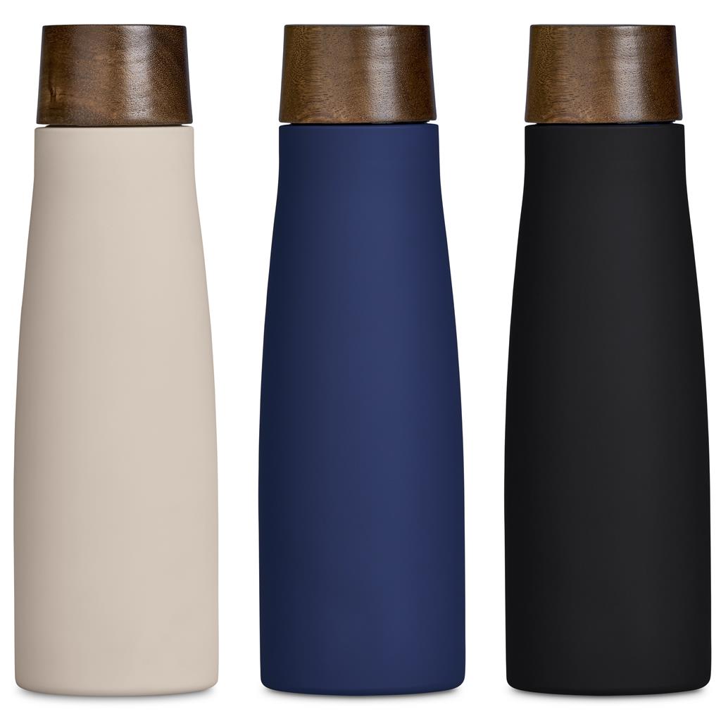 White, navy and black insulated bottles with wooden lids.