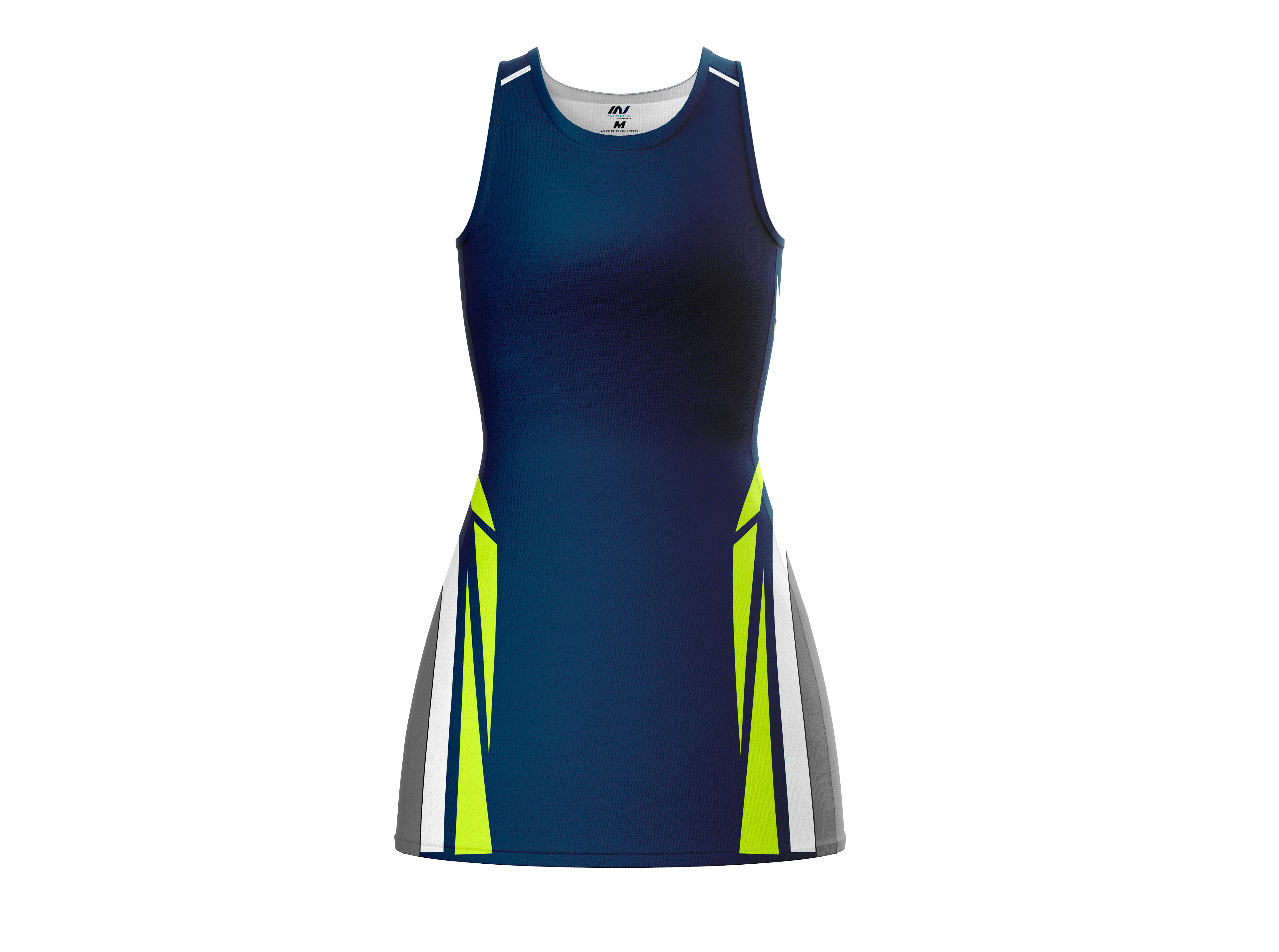 Navy and teal field hockey dress with lime accents.