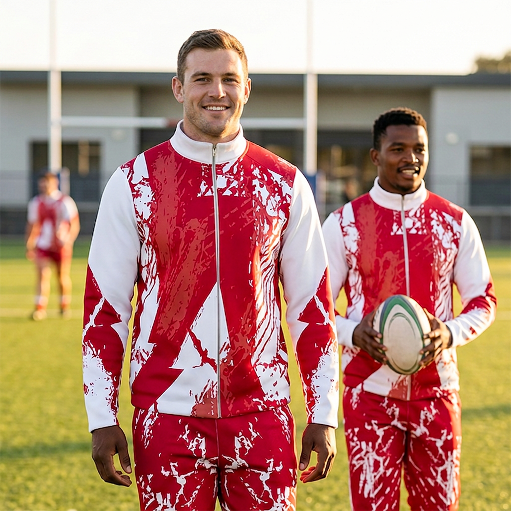 Male athletes wearing red and white team sportswear.
