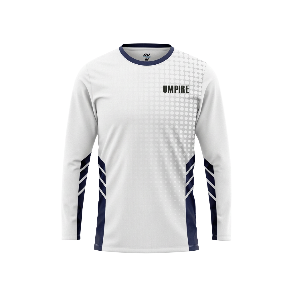 White long-sleeve branded sports top shown from the front.