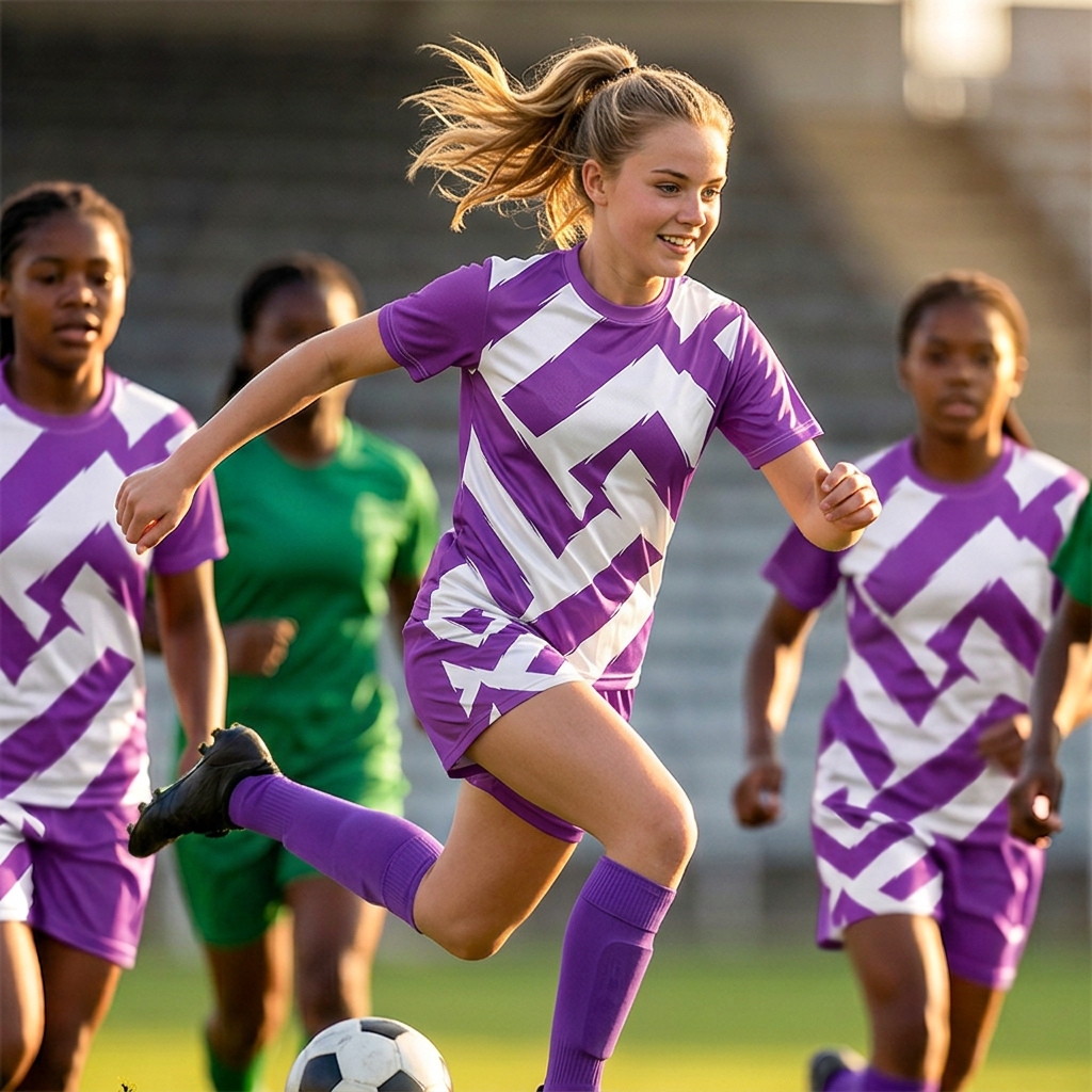 Female athletes wearing purple and white team uniforms.