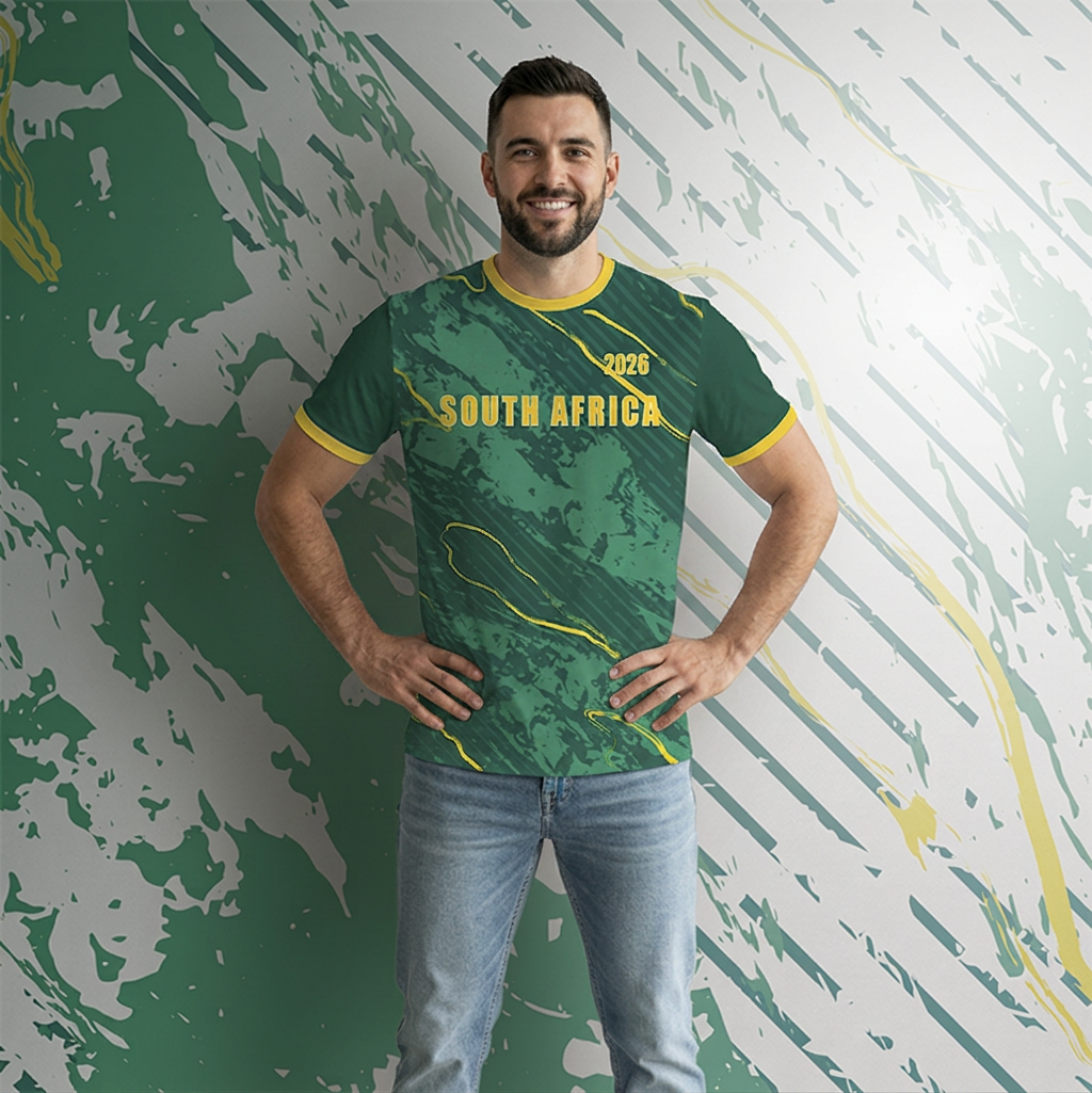 Male model wearing a green Mainline Sportswear sports shirt.