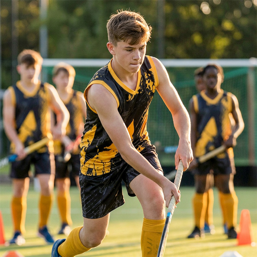 Female athlete running in a black and yellow sports kit.