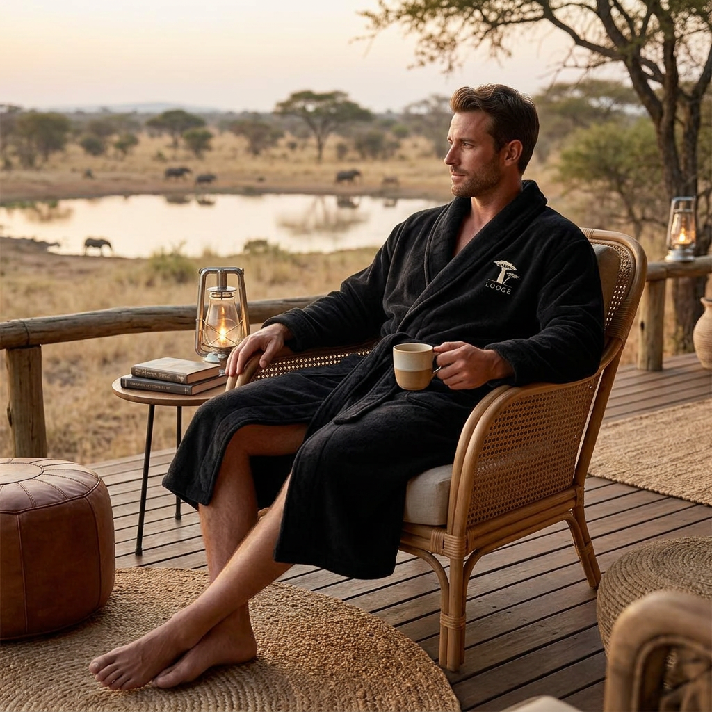 Person relaxing outdoors in a black bathrobe.