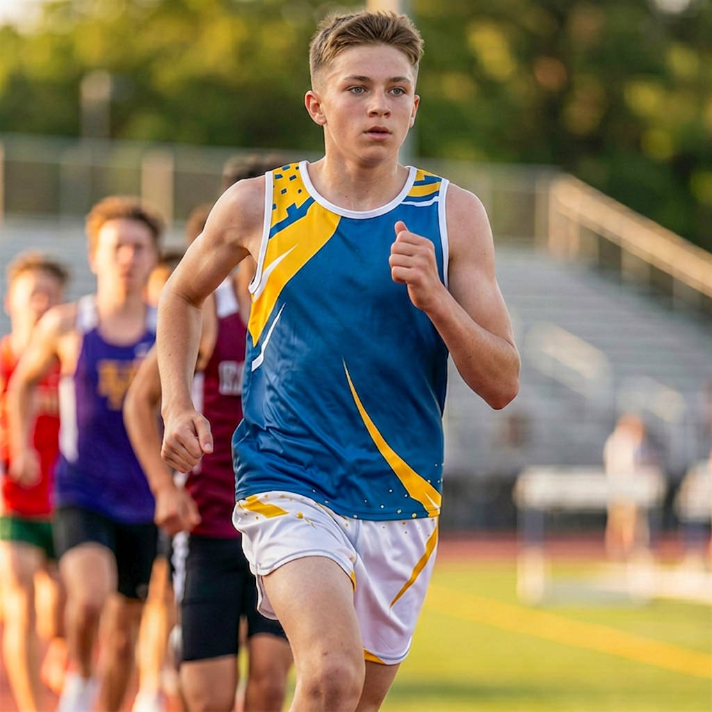 Male athlete wearing a blue and yellow sports vest.
