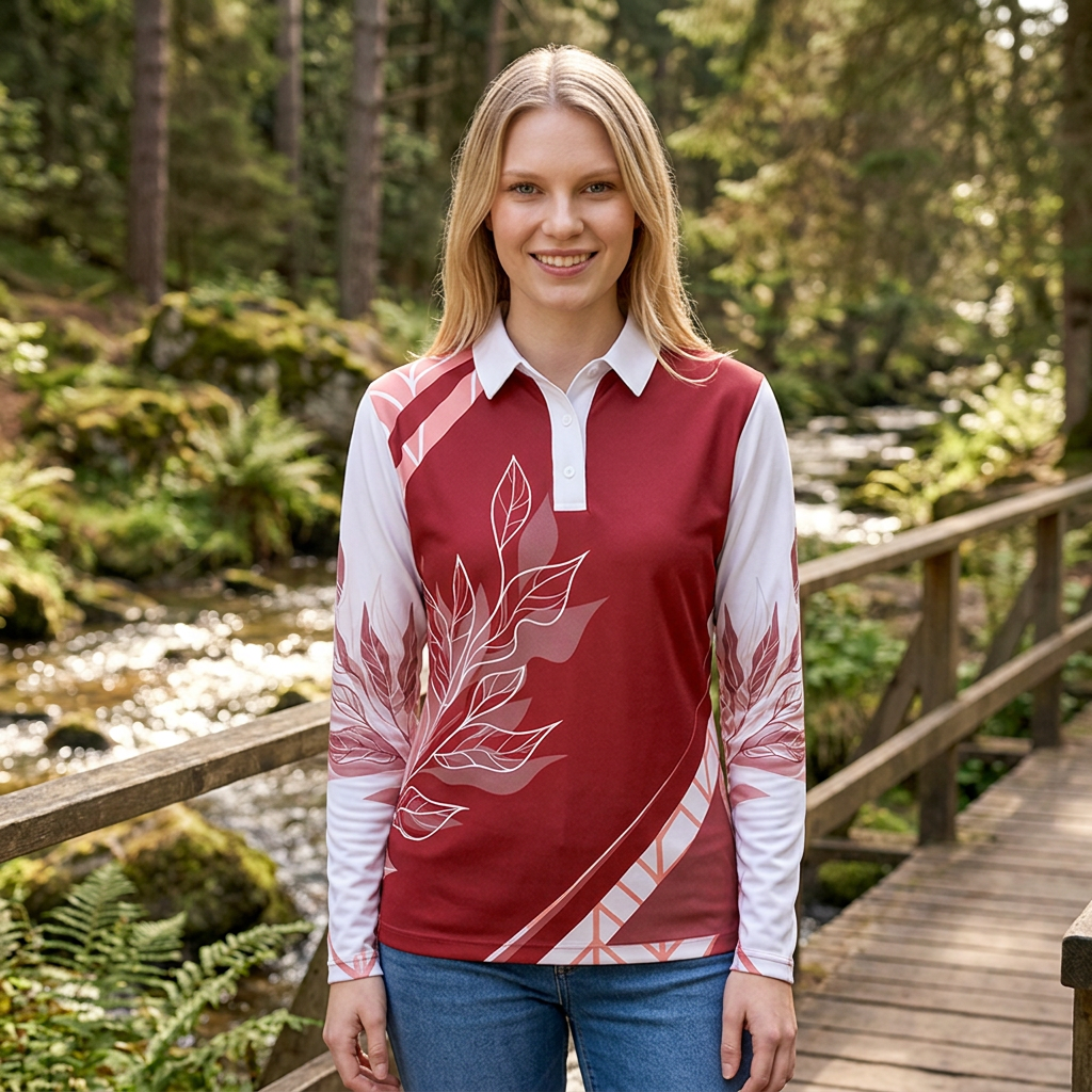 Female model wearing a maroon and white branded sports shirt.
