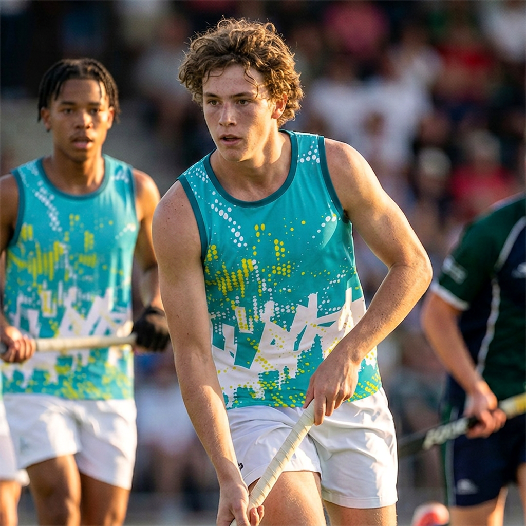 Male athletes wearing turquoise and navy team jerseys.