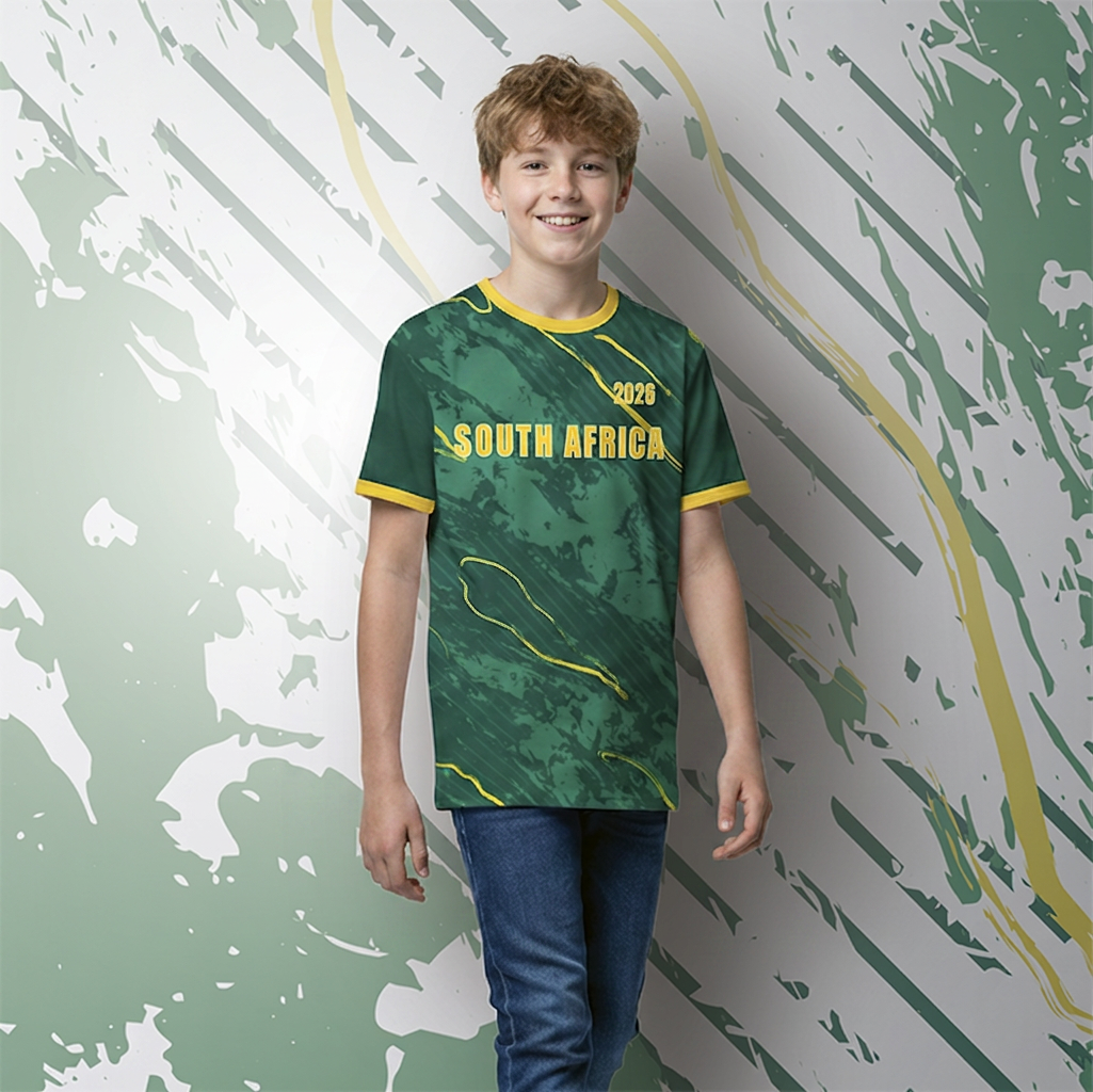 Male model wearing a green branded sports shirt.