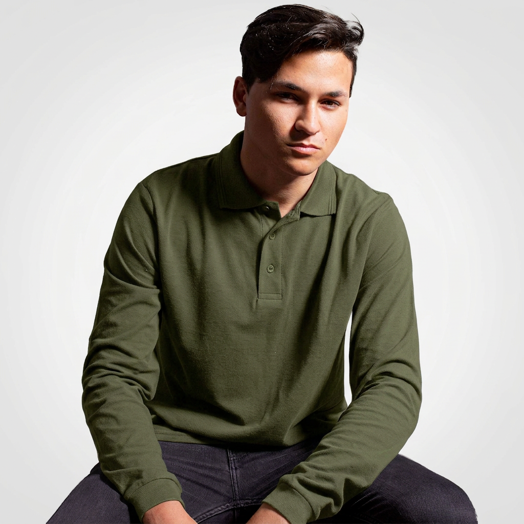 Male model wearing an olive green Mainline Sportswear knit top.