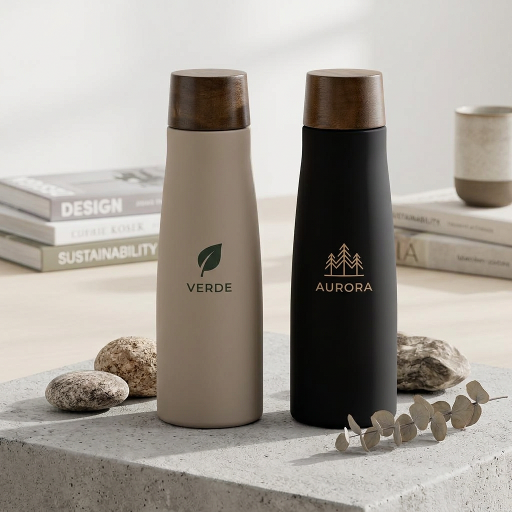 Assorted insulated bottles displayed on a modern countertop.