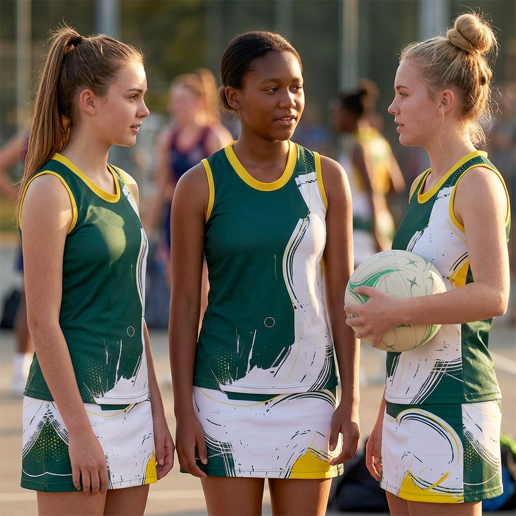 Female netball players wearing coordinated team uniforms.
