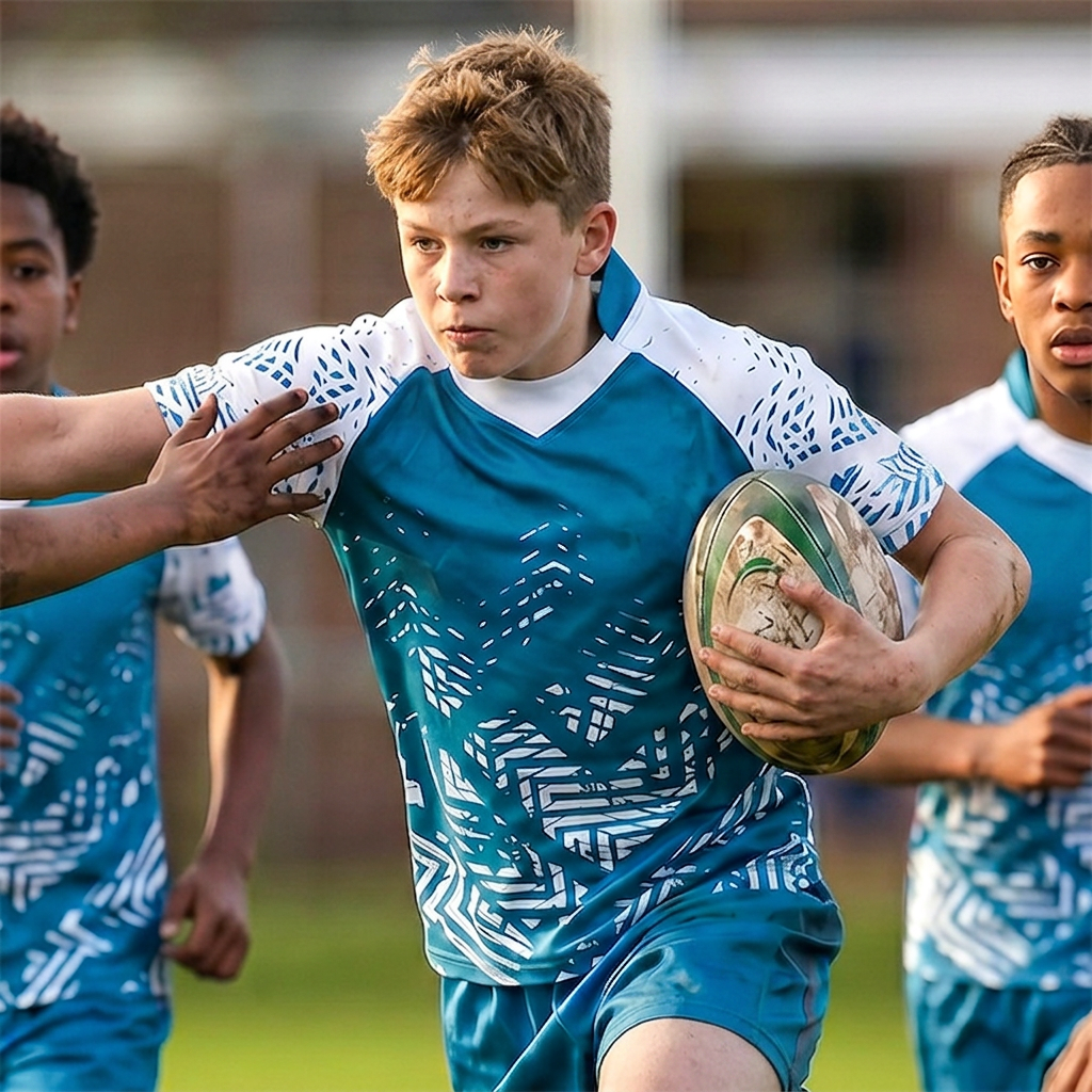 Rugby player wearing a blue and white branded sports jersey.