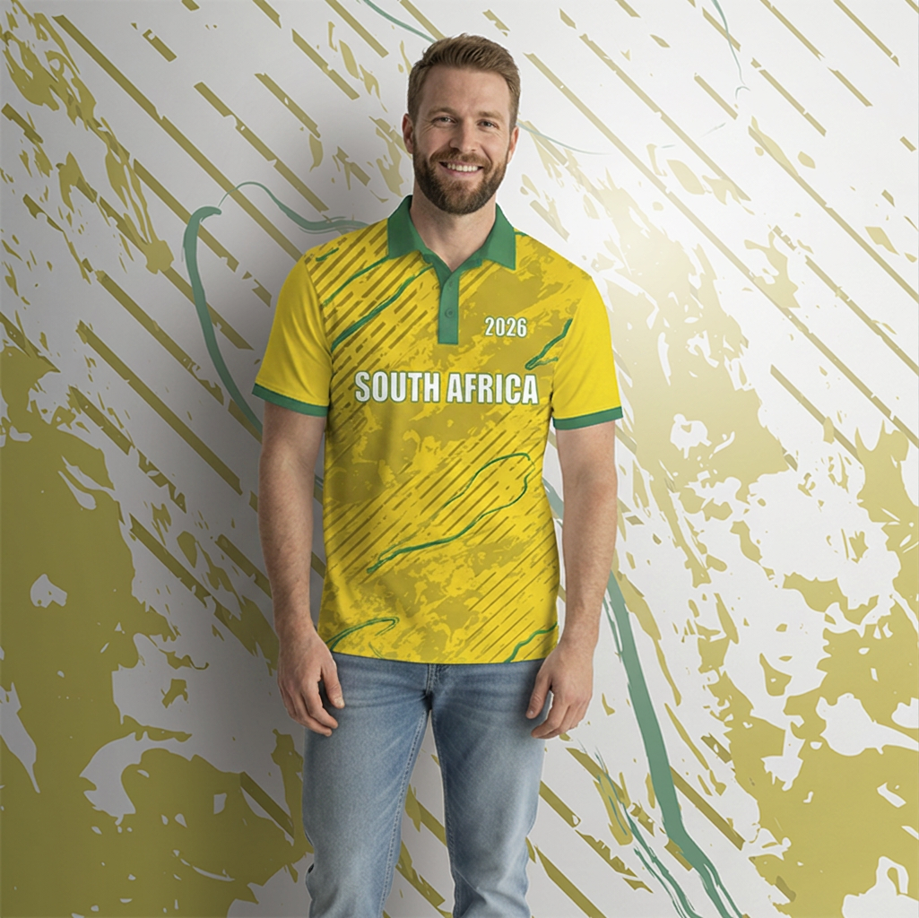 Male model wearing a yellow and green branded sports shirt.