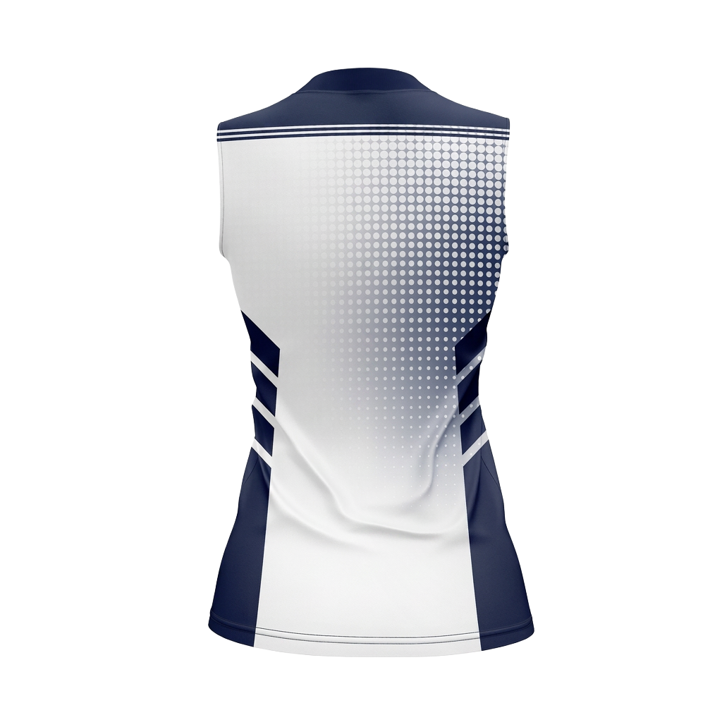 White and navy branded sports top shown from the back.