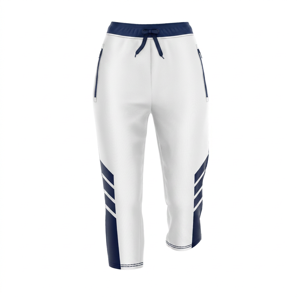 White full-length sports trousers shown from the front.