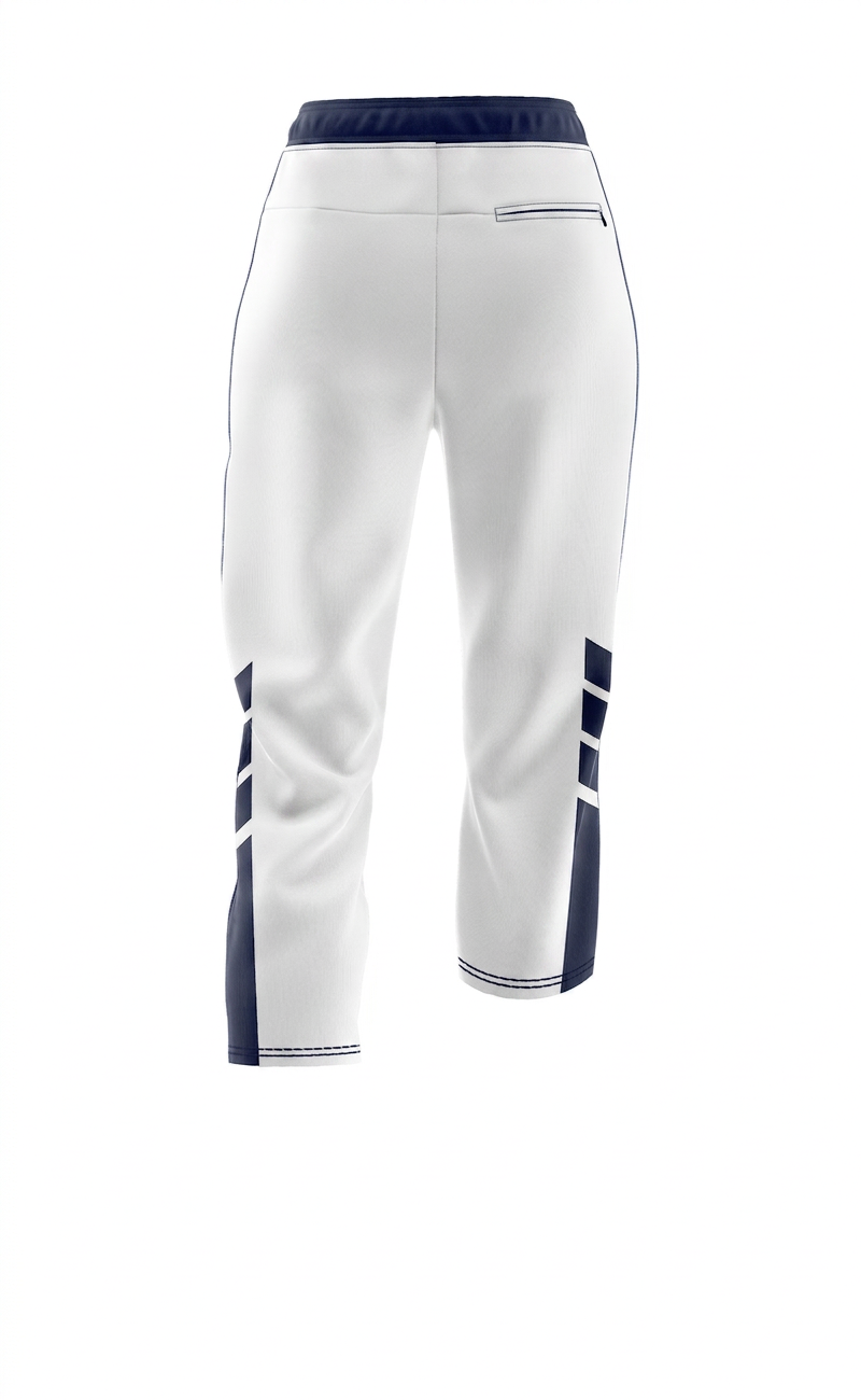 White sports trousers with navy side stripe detail.