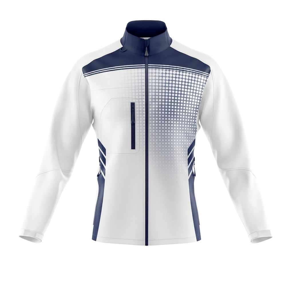 White and navy zip-up sports jacket shown from the front.