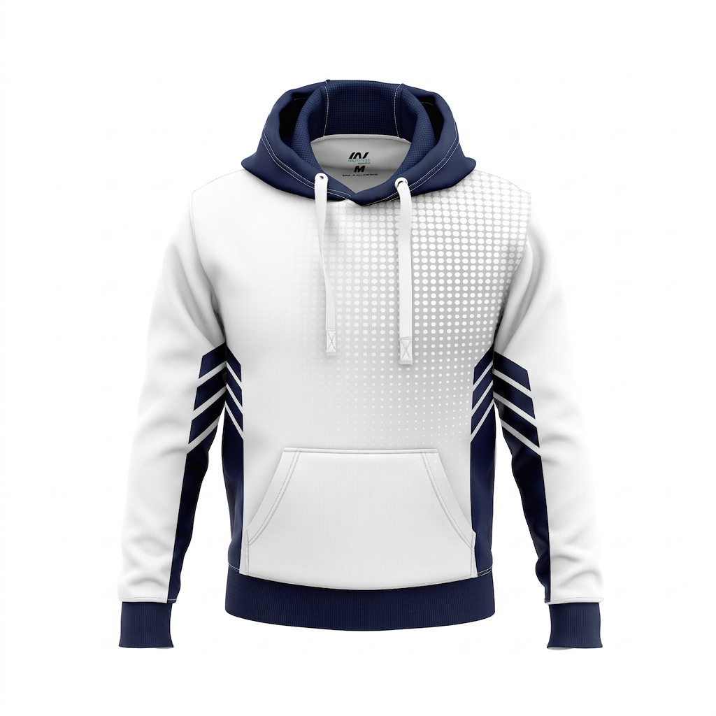 White and navy hooded sports jacket shown from the front.