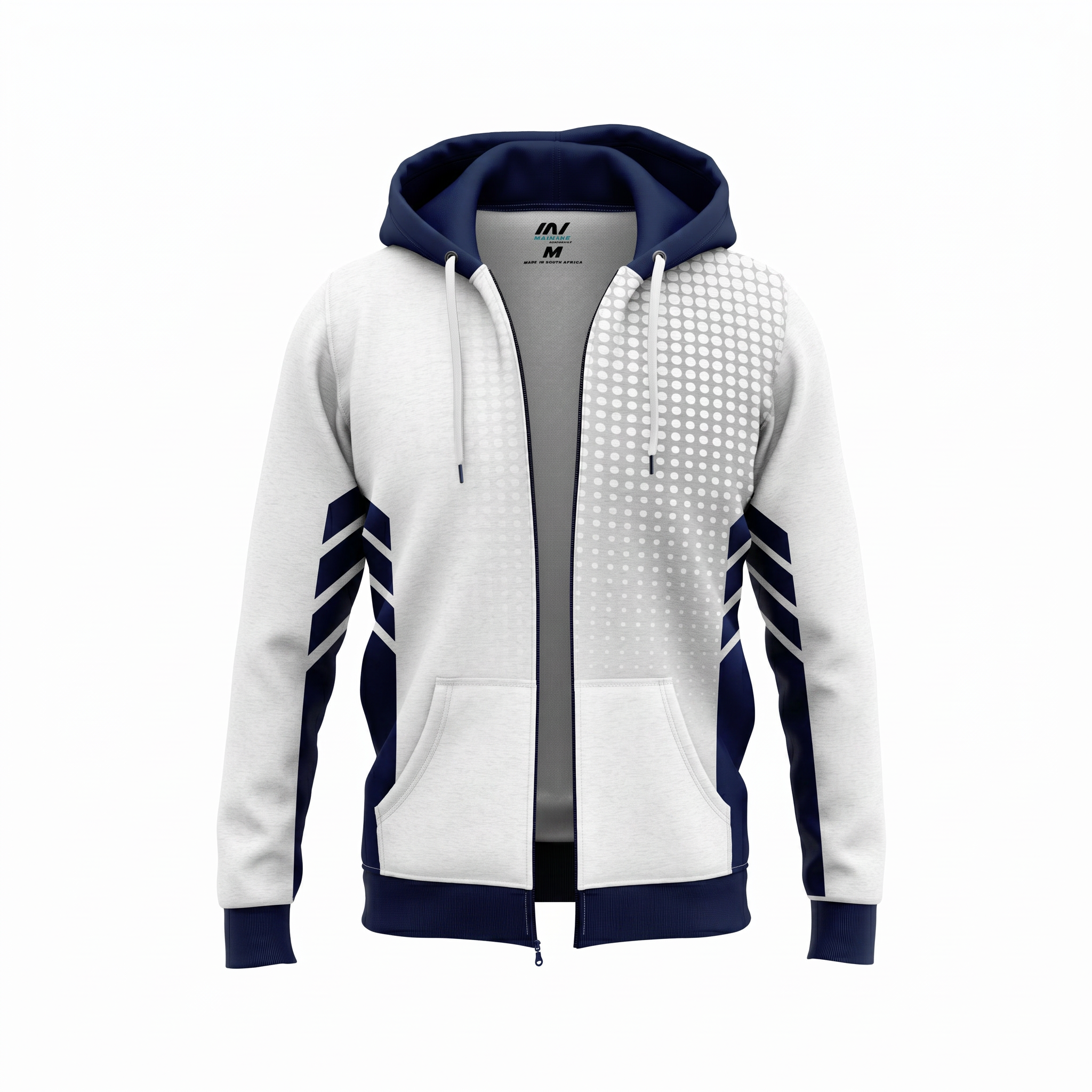 White and navy sports jacket with zip front and hood.