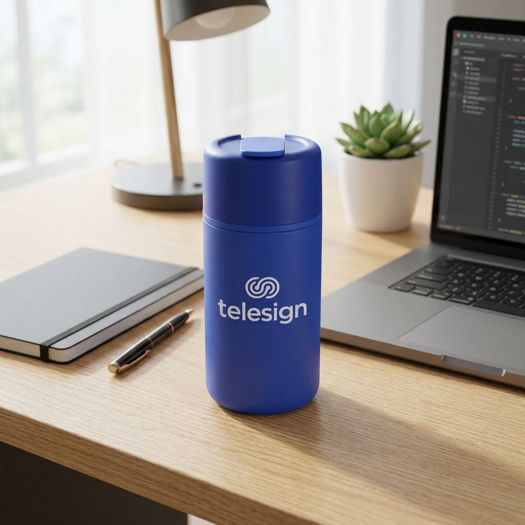 Branded insulated bottle displayed beside a laptop.